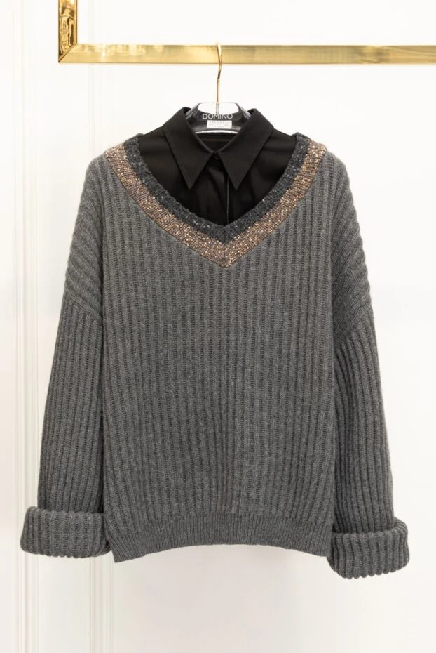 Brunello Cucinelli women's gray ribbed cashmere jumper with wide collar 181210 - photo 3
