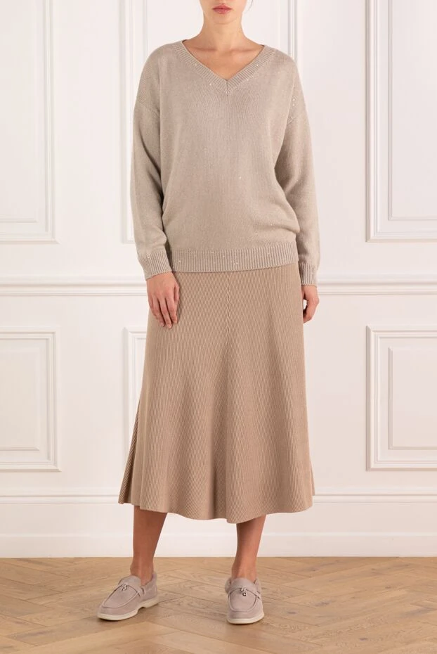 Brunello Cucinelli women's beige jumper with v-neck, cashmere and silk 181211 - photo 2