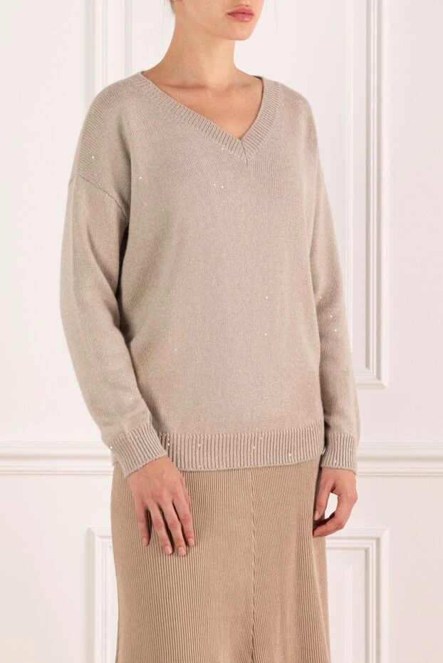 Brunello Cucinelli women's beige jumper with v-neck, cashmere and silk 181211 - photo 3