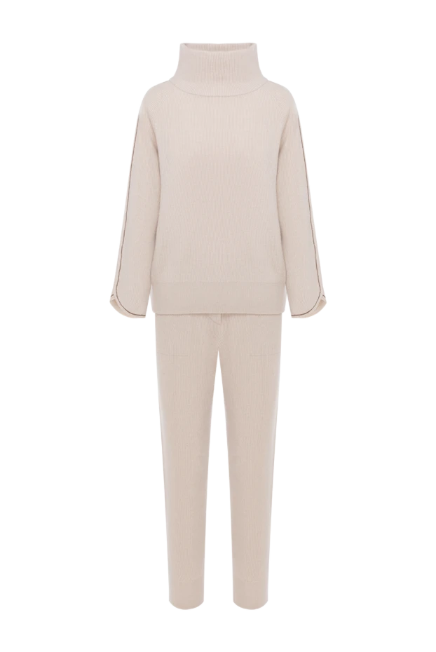 Кашемировый прогулочный костюм с высоким воротником бежевый женский - фото 1