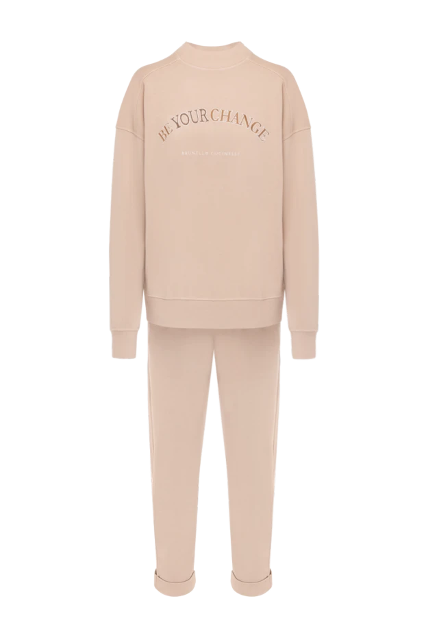 Әйелдерге арналған бежевый мақта-матадан логотипі бар спорттық костюм - фото 1