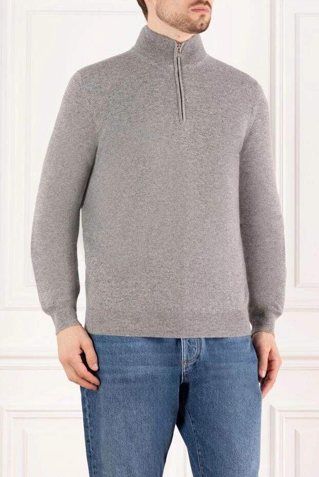 Brunello Cucinelli свитер мужской тройер из кашемира серый 183854 - фото 3