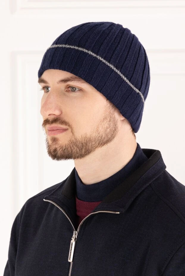 Brunello Cucinelli шапка мужская темно синяя в рубчик из кашемира 183874 - фото 2