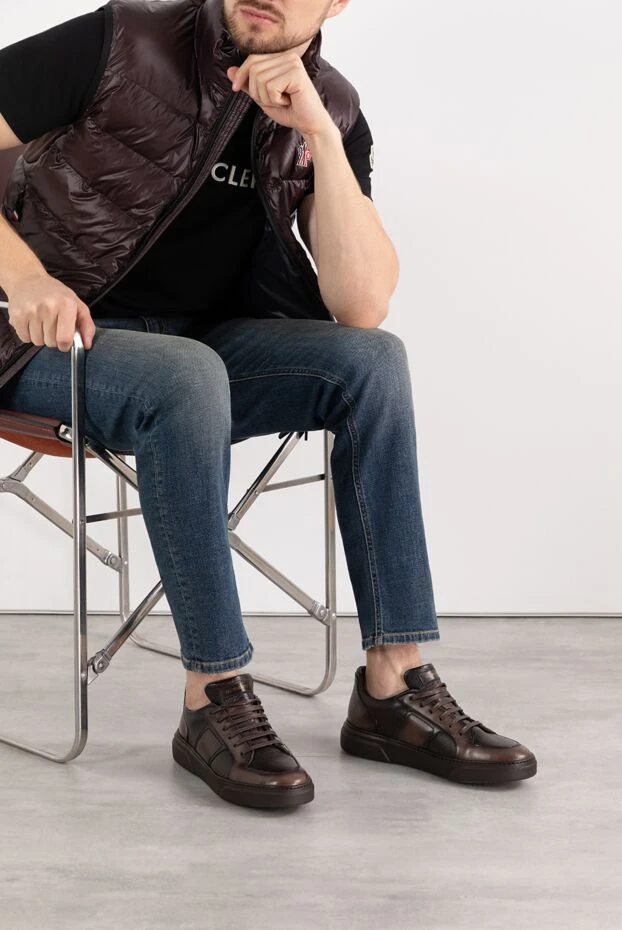 Кроссовки кожаные на меху коричневые мужские - фото 2