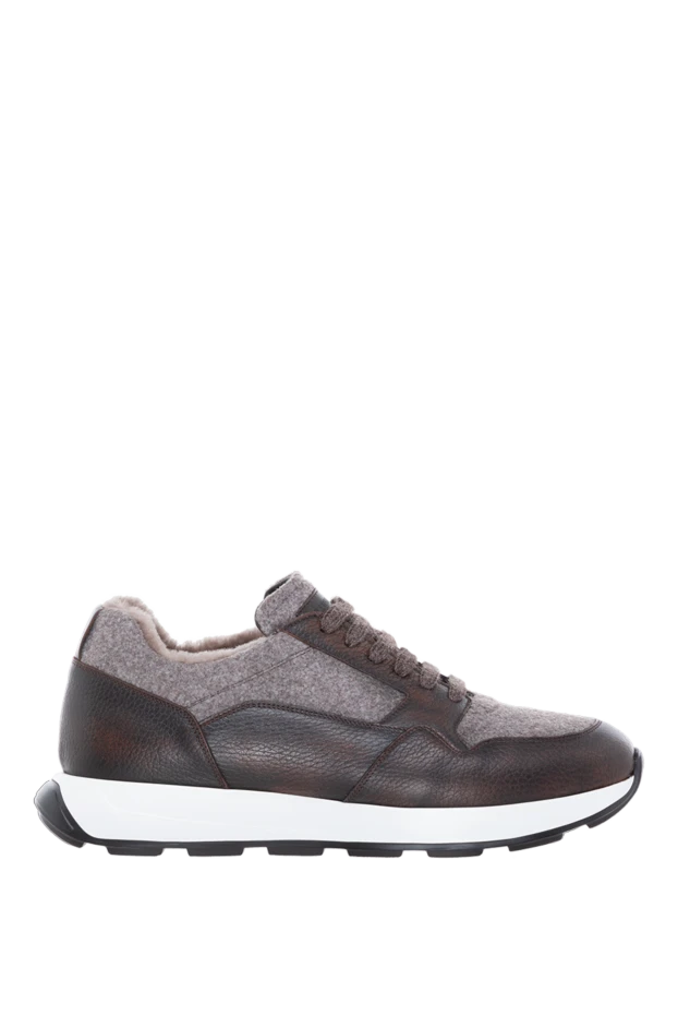 Кроссовки на меху мужские коричневые из кожи и текстиля - фото 1