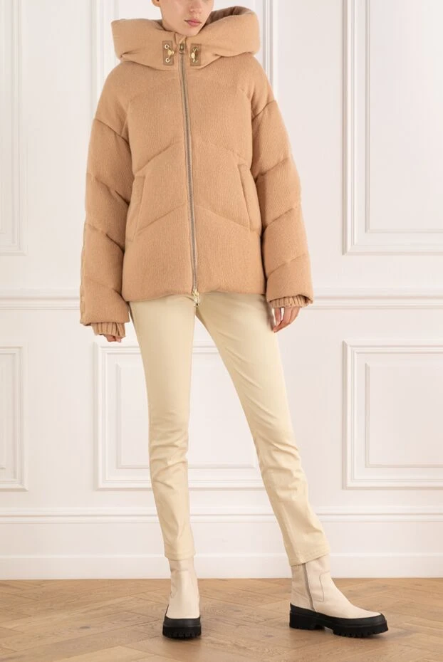Women's brown down jacket made of wool and cashmere with a hood - photo 2