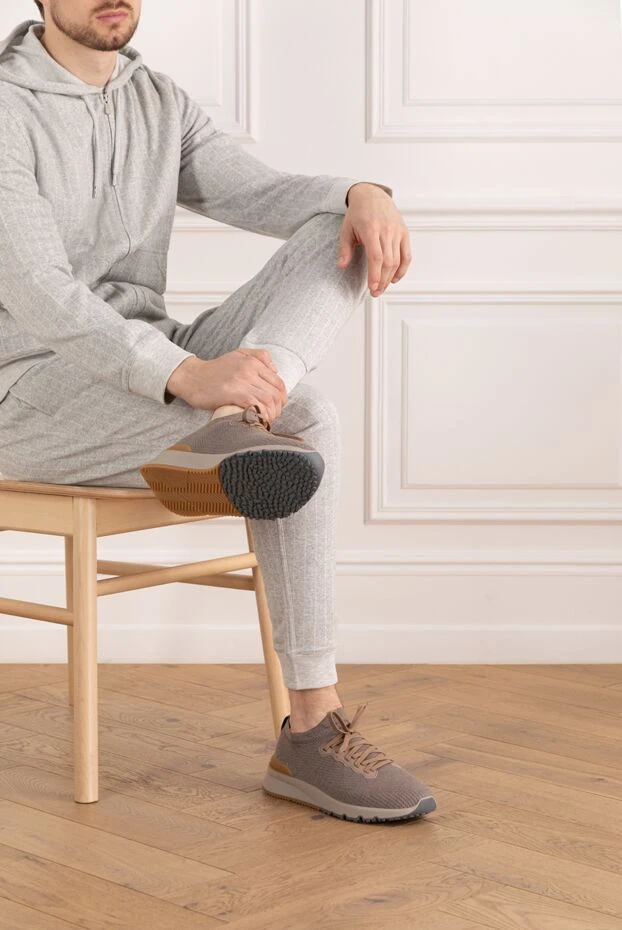 Brunello Cucinelli кроссовки из шерстяного трикотажа и полуглянцевой телячьей кожи бежевые 185133 - фото 2