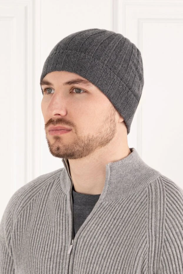 Cesare di Napoli зимняя темно-серая мужская шапка из шерсти и кашемира в рубчик 185243 - фото 2