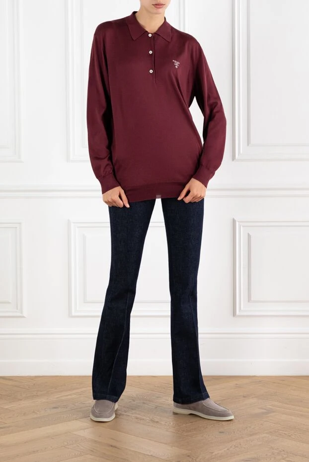 Prada бордовое поло с длинным рукавом из шелка с логотипом 185378 - фото 3