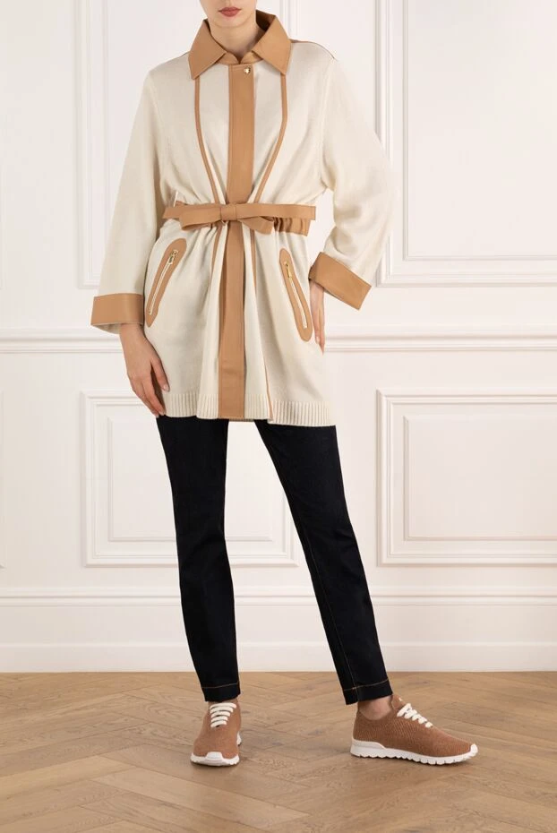 Кардиган из шерсти и кашемира с контрастными кожаными полосками - фото 2