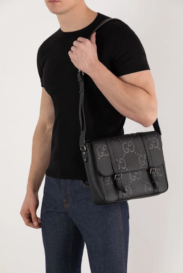 Gucci средняя сумка-мессенджер с орнаментом jumbo gg черная из кожи 185551 - фото 2