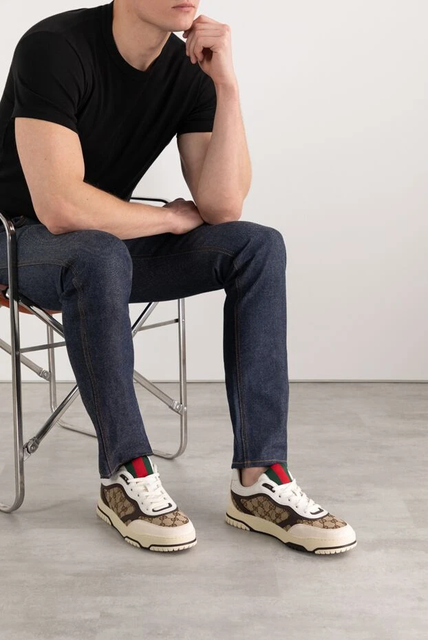 Gucci мужские кроссовки gucci re-web бежевые кожаные 185553 - фото 2