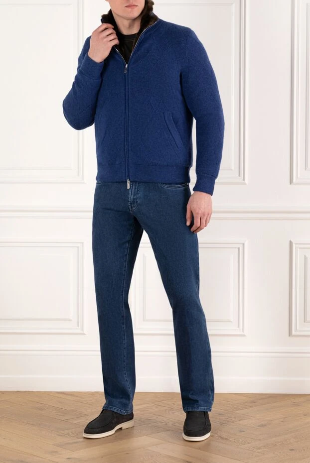 Куртка из кашемира на меху с текстурным плетением синяя - фото 2