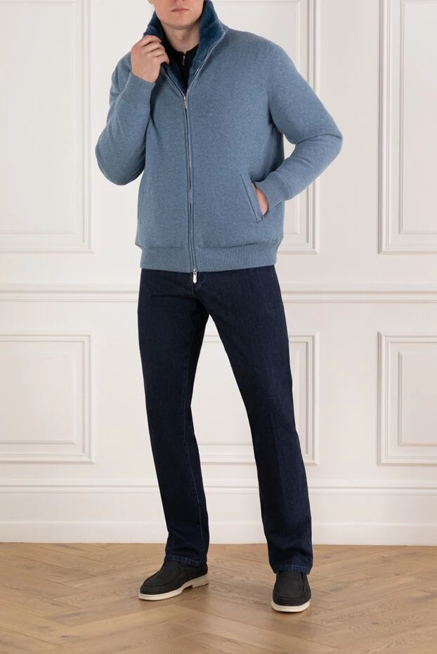 Астарлы аң терісі бар ерлер көк түсті кашемир күртешесі - фото 2