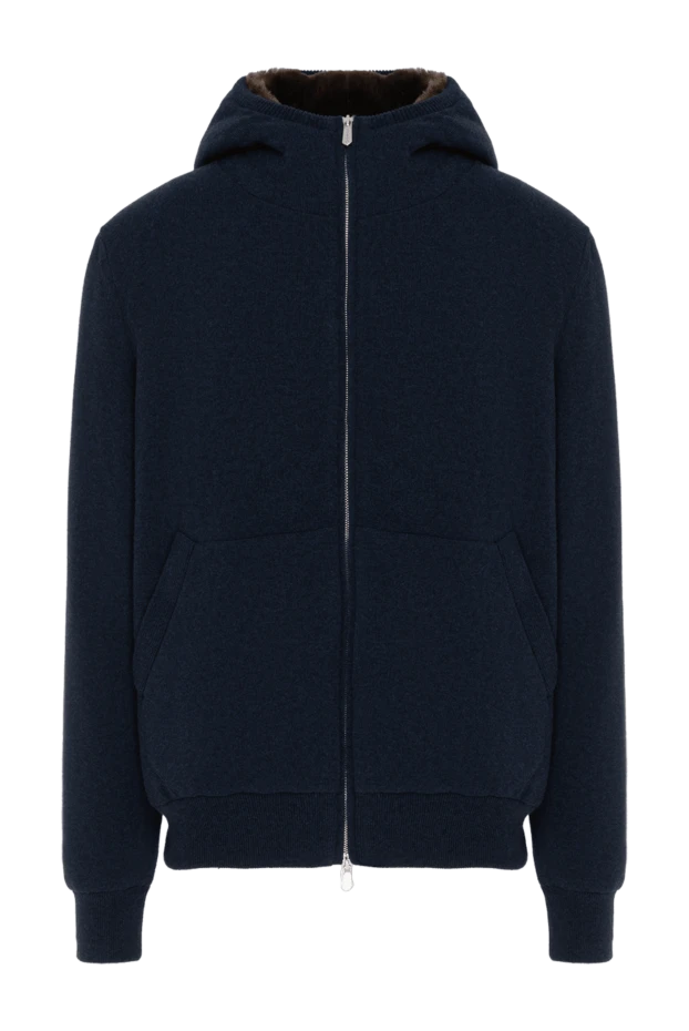 Men's cashmere jacket with fur, blue, with hood - photo 1