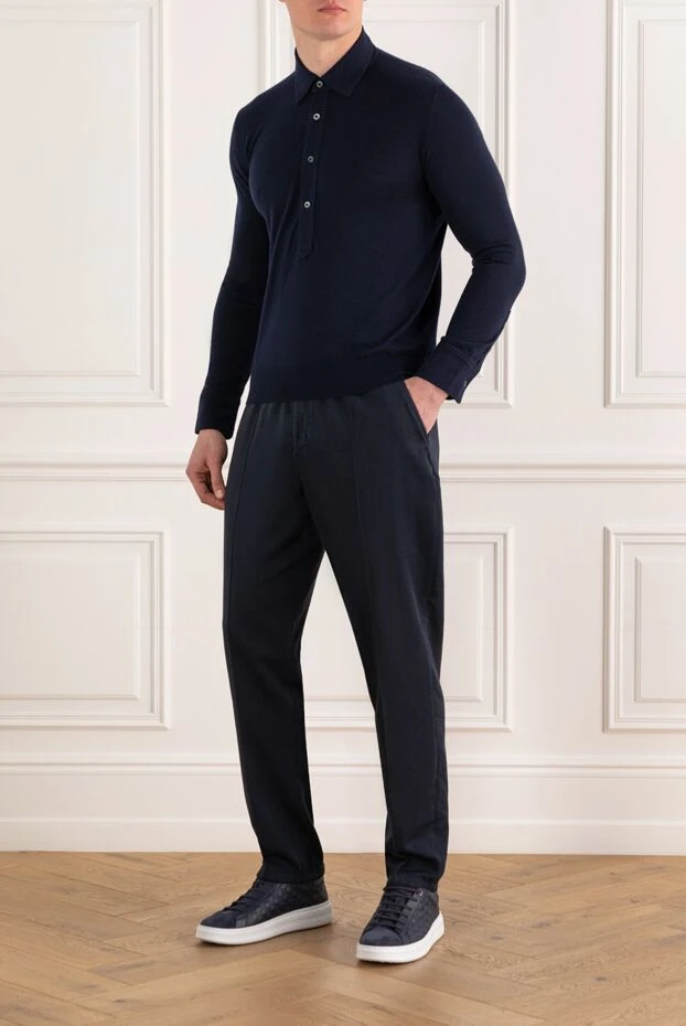 Isaia брюки мужские на завязках синие из хлопка и кашемира 185669 - фото 2