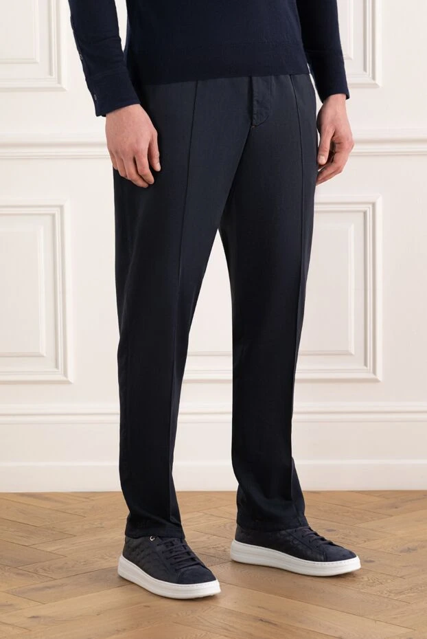Isaia брюки мужские на завязках синие из хлопка и кашемира 185669 - фото 3