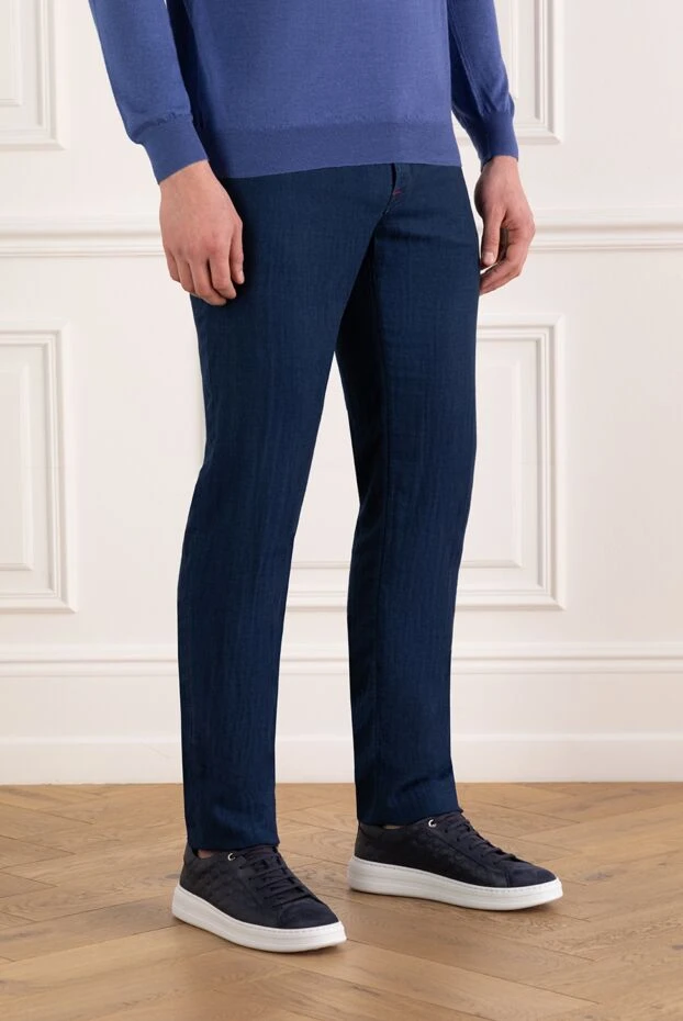 Kiton men's blue cotton skinny jeans with red stitching 185692 - photo 3