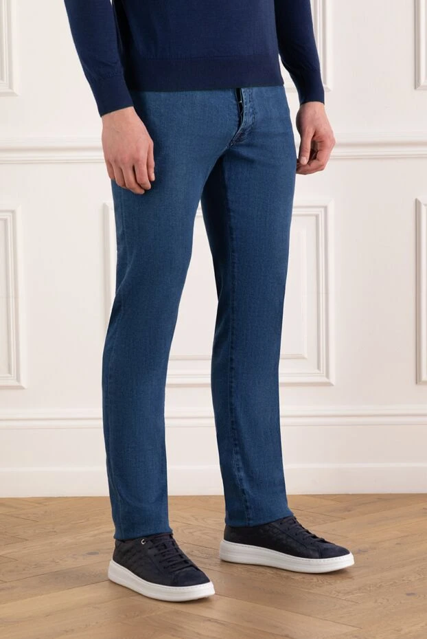 Kiton классические джинсы синие хлопковые мужские с красными строчками 185693 - фото 3