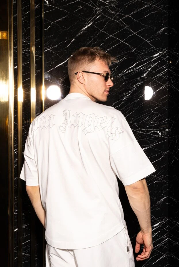 Palm Angels логотипі бар ақ мақта ерлерге арналған футболка 185960 - фото 2