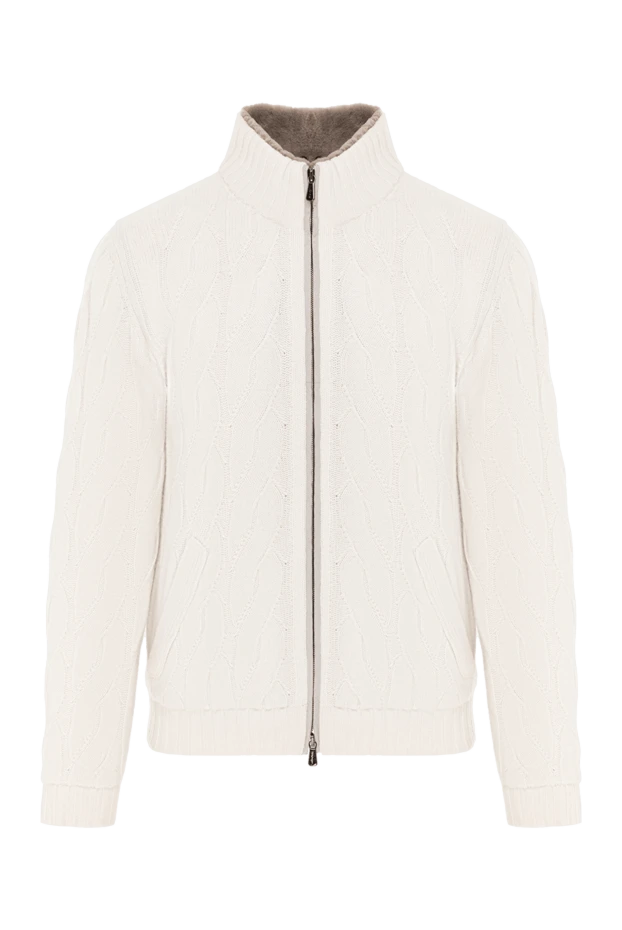 Knitted men's jacket with fur made of wool and cashmere, white - photo 1