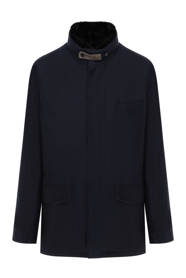 Темно-синяя куртка из шерсти и кашемира мужская с воротником стойкой - фото 1
