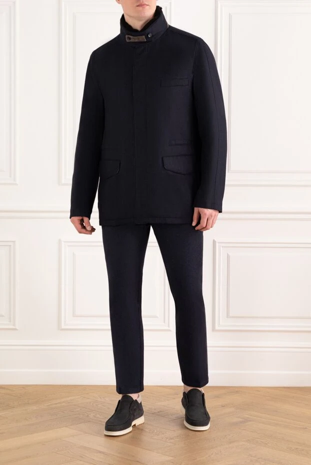 Enrico Mandelli темно-синяя куртка из шерсти и кашемира мужская с воротником стойкой 186028 - фото 2