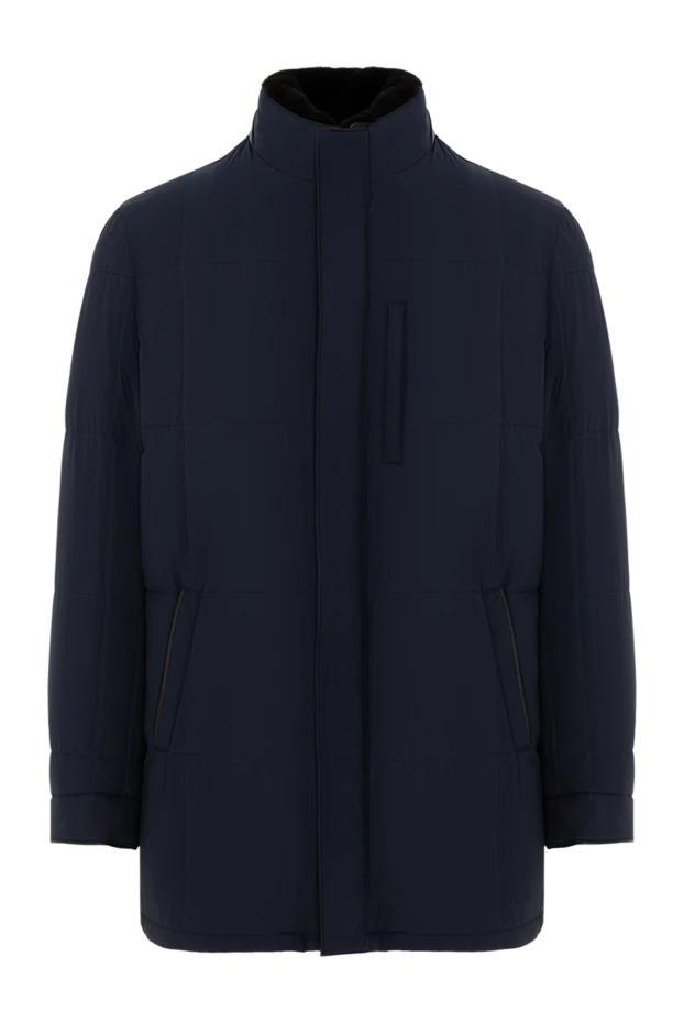 Стеганая мужская куртка синего цвета из шелка - фото 1