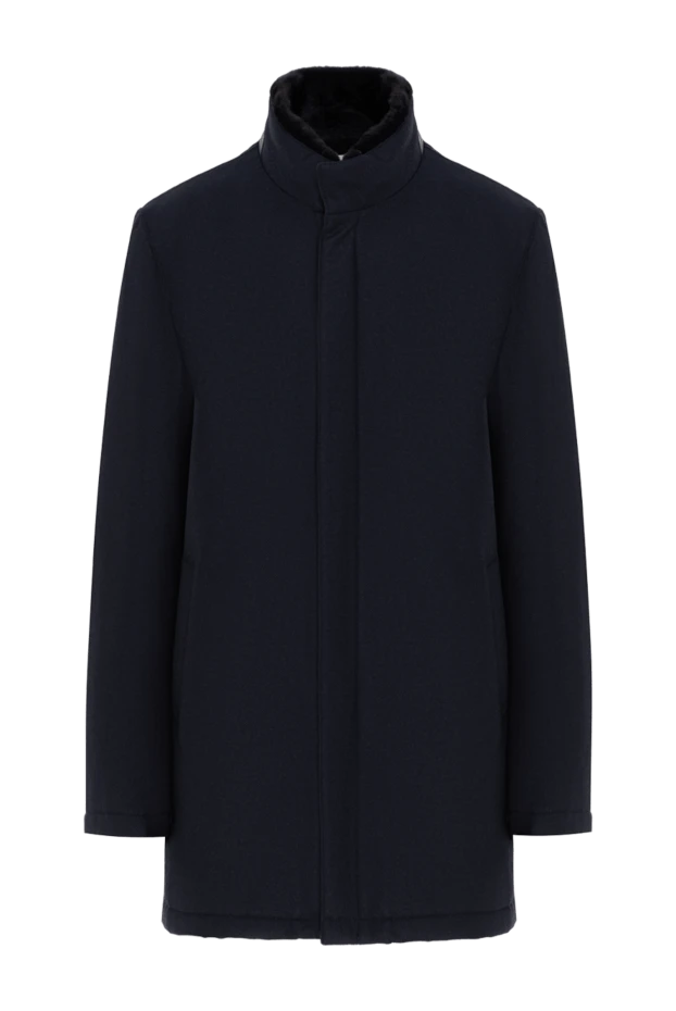 Синяя куртка мужская с меховым воротником из шерсти и кашемира - фото 1