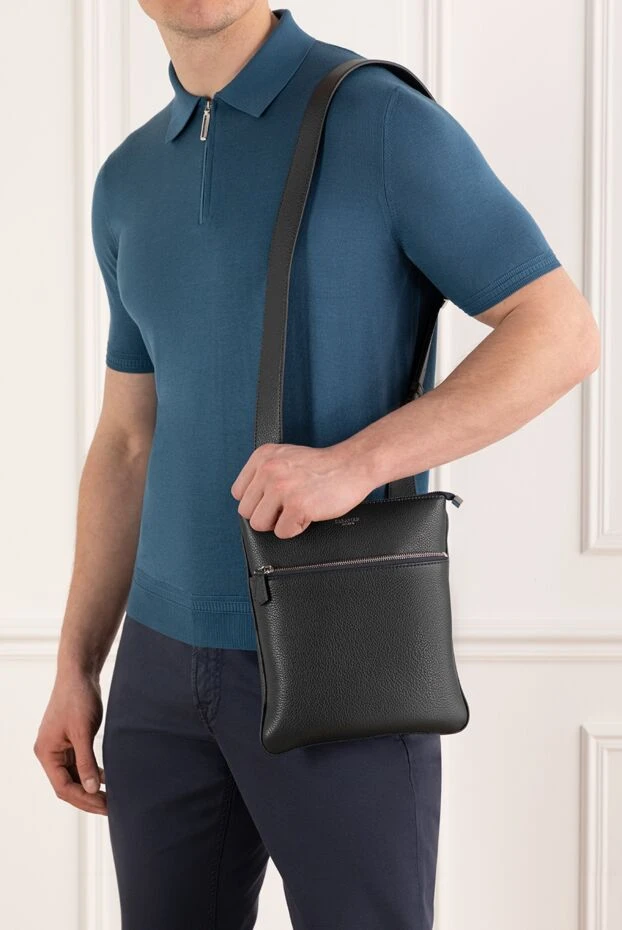 Плоская сумка-мессенджер из кожи Cachemire синяя мужская - фото 2