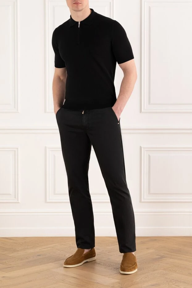 Black men's cotton polo shirt with a collar and a zipper - photo 2