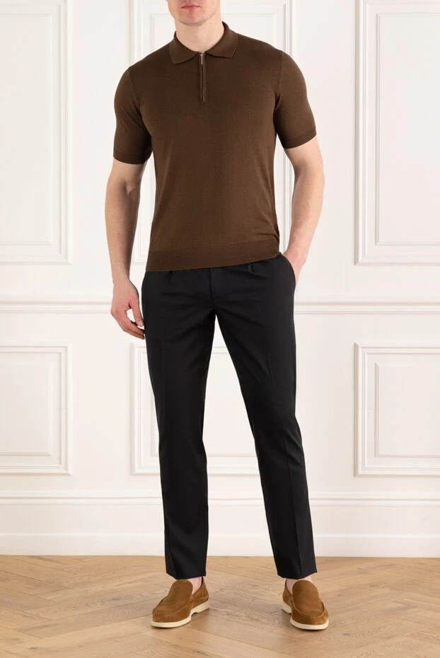 Cesare di Napoli коричневое поло мужское на молнии из хлопка и шелка 186203 - фото 2