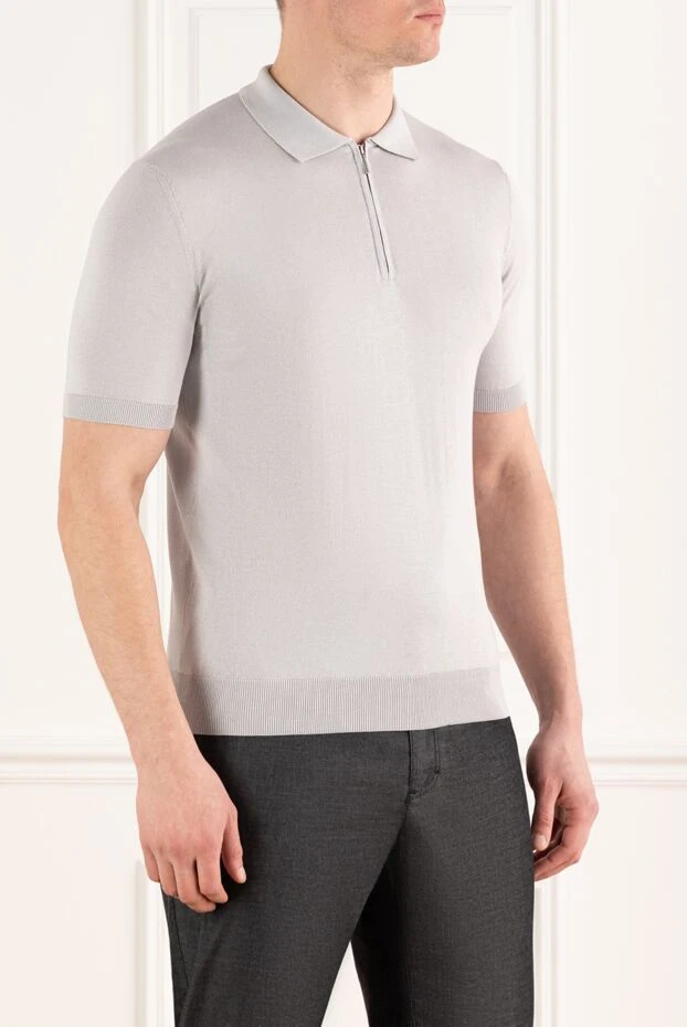 Cesare di Napoli серое поло мужское на молнии из хлопка и шелка 186205 - фото 3
