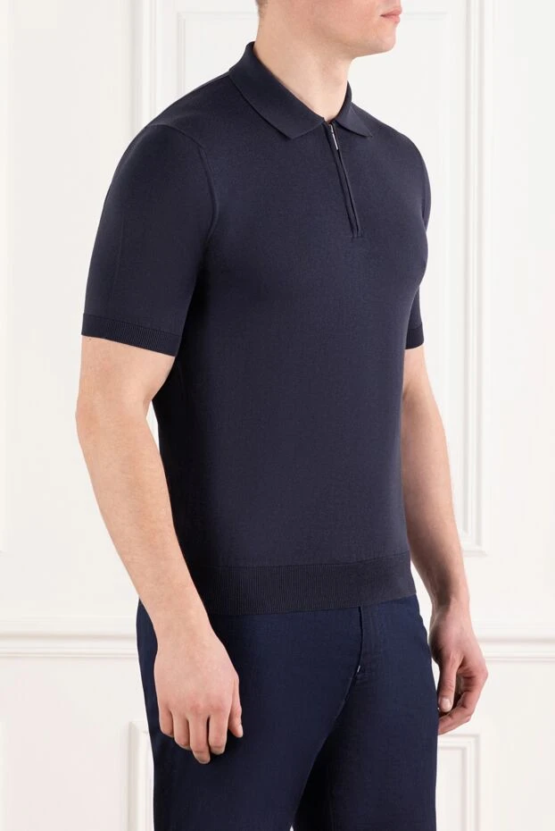 Cesare di Napoli синее поло мужское на молнии из хлопка и шелка 186207 - фото 3