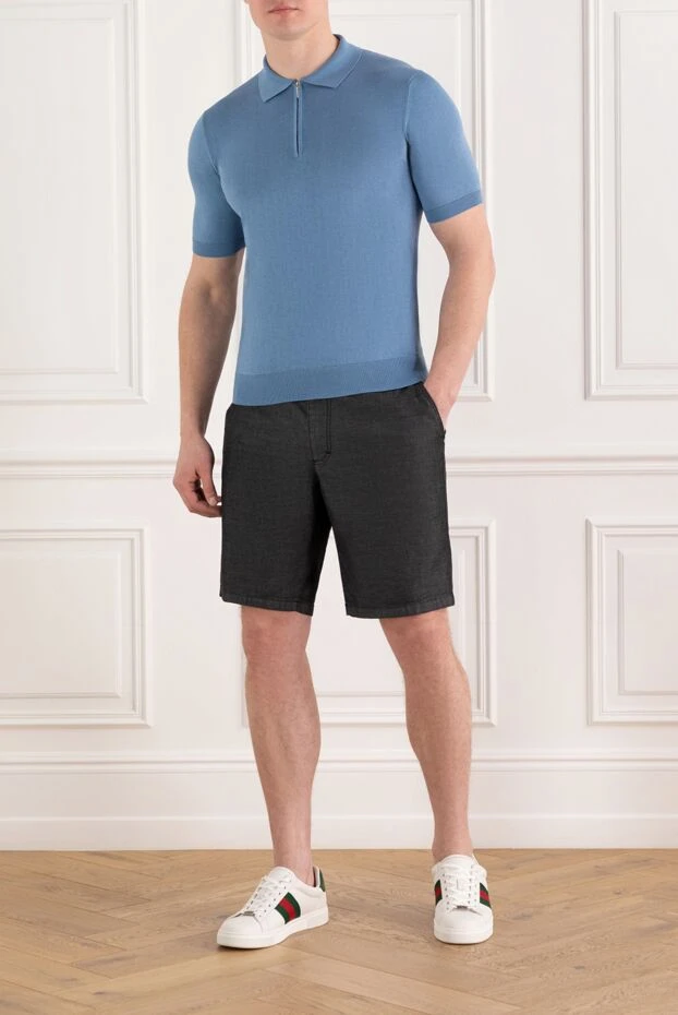 Голубое мужское поло на молнии из хлопка и шелка - фото 2