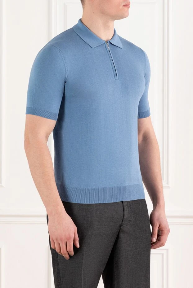 Cesare di Napoli голубое мужское поло на молнии из хлопка и шелка 186208 - фото 3