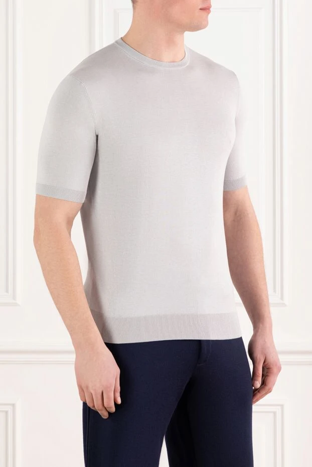 Cesare di Napoli серый джемпер с коротким рукавом мужской из хлопка и шелка 186231 - фото 3