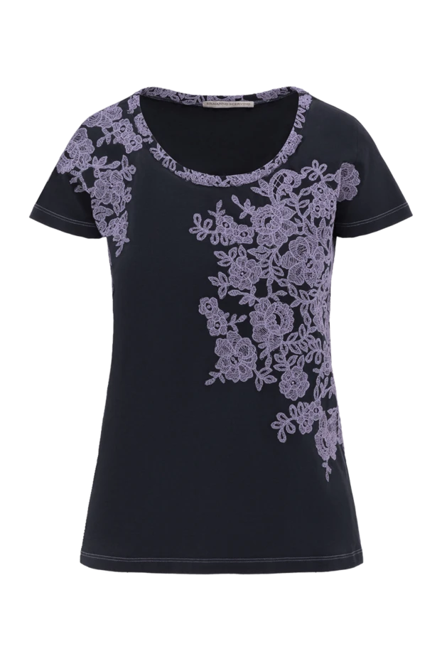Women's blue cotton T-shirt with print - photo 1