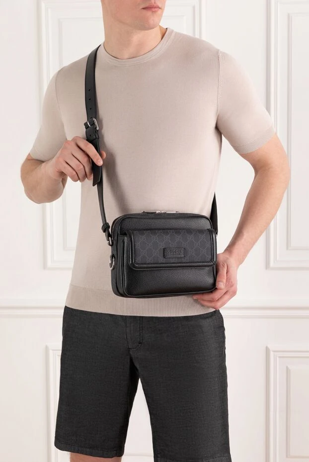 Қара түсті жапсырмасы бар ерлерге арналған кішкентай GG кросс-сөмке - фото 2