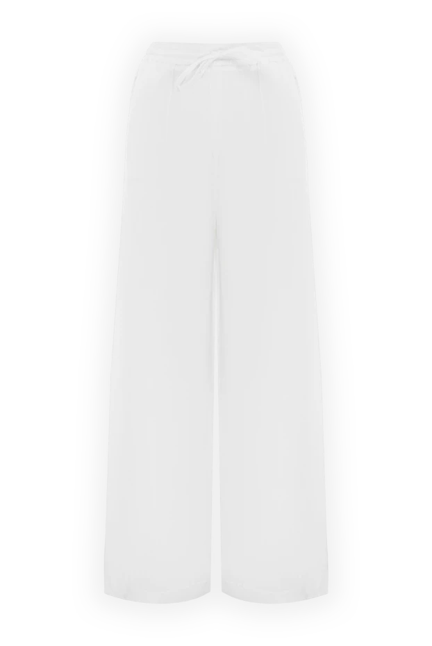 широкие льняные брюки женские на завязке белого цвета - фото 1