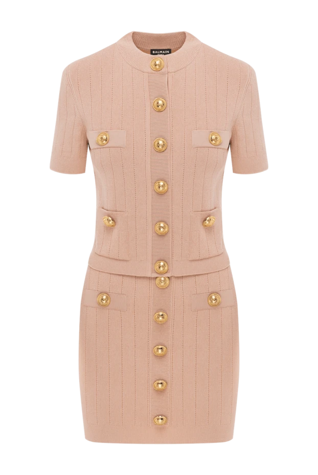 Бежевый трикотажный костюм с юбкой - фото 1