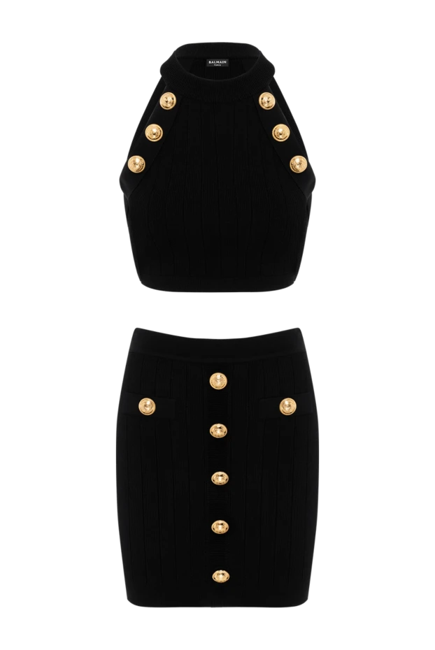 Трикотажный костюм с юбкой черный с пуговицами - фото 1