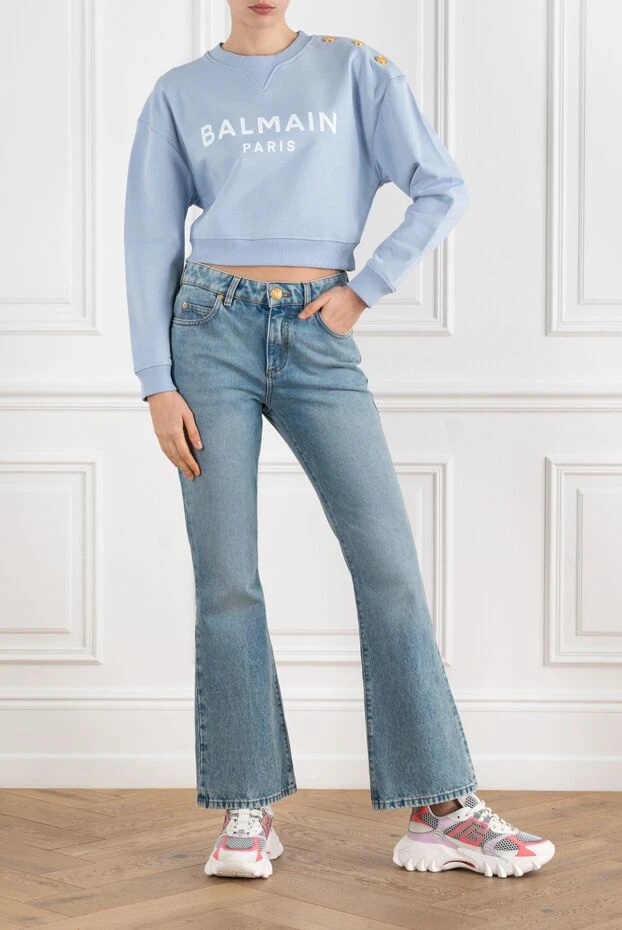 Balmain women's blue sweatshirt with gold buttons on the shoulder 186481 - photo 2
