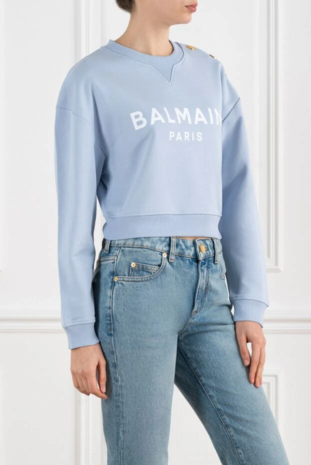 Balmain women's blue sweatshirt with gold buttons on the shoulder 186481 - photo 3
