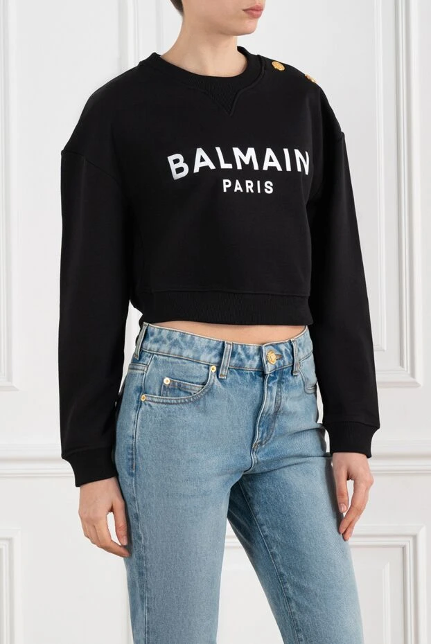Balmain women's black sweatshirt with gold buttons on the shoulder 186482 - photo 3