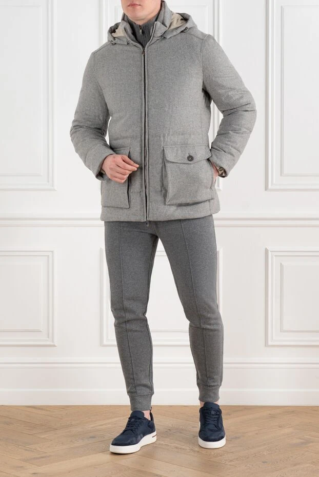Men's gray cashmere down jacket with hood - photo 2