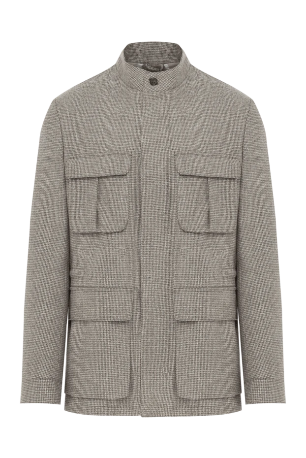 Men's beige checkered jacket made of silk and wool with pencil pockets - photo 1