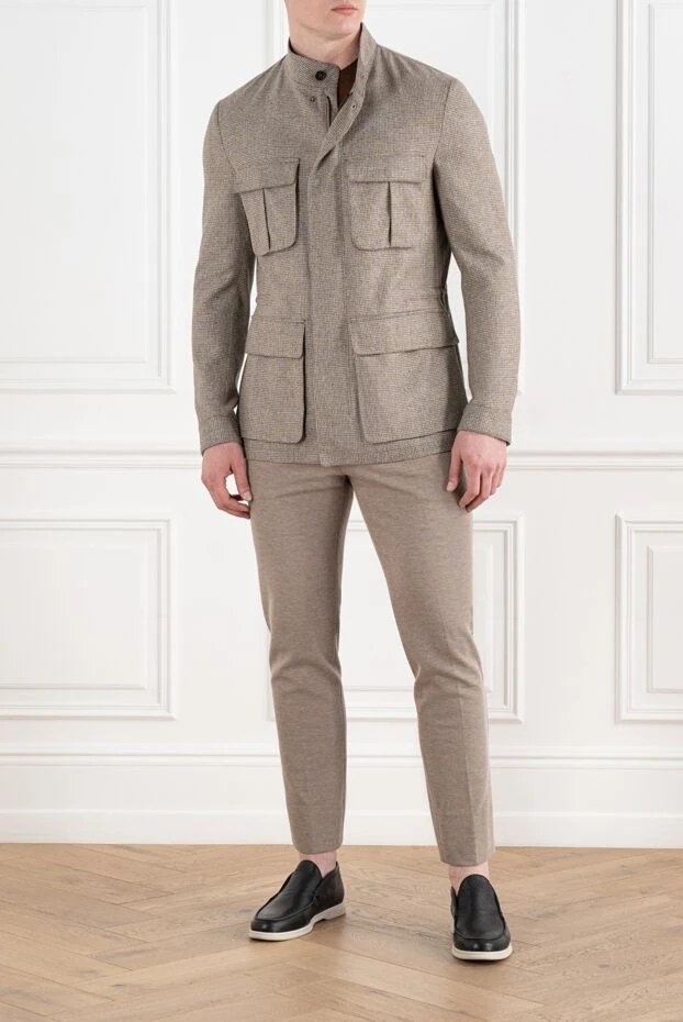 Men's beige checkered jacket made of silk and wool with pencil pockets - photo 2