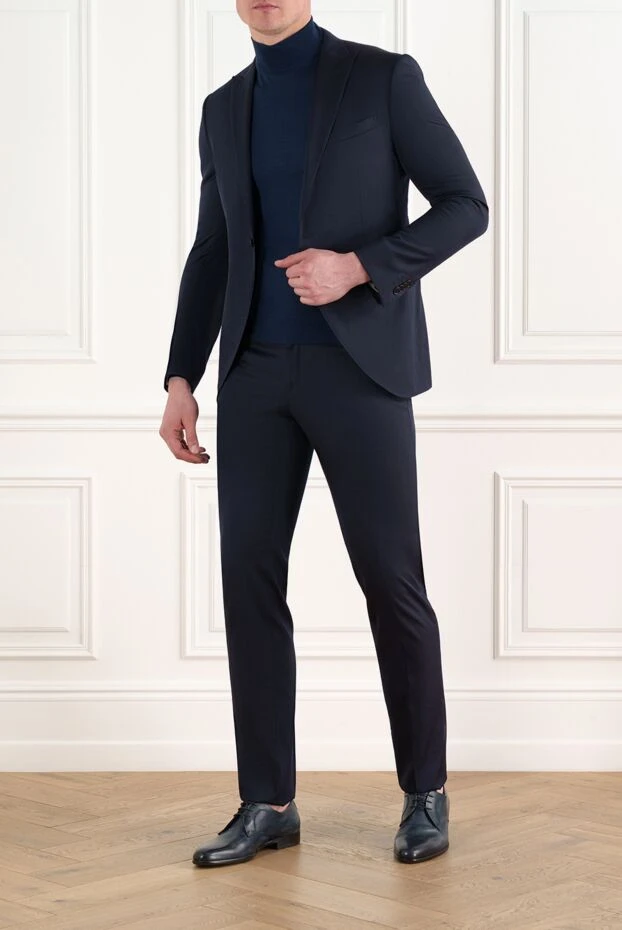 Classic navy blue wool and silk suit with single-breasted jacket - photo 2