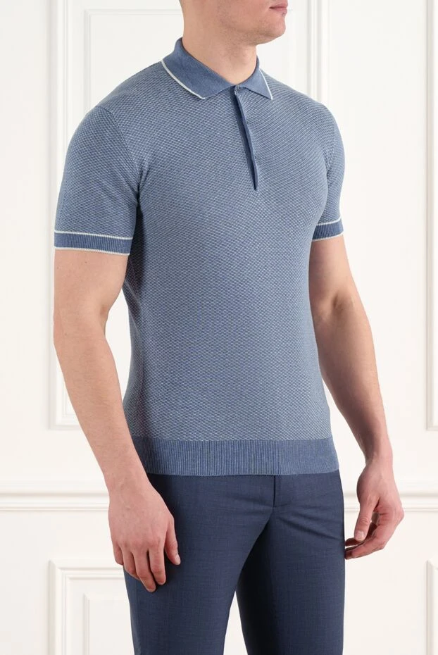 Corneliani голубое поло на пуговицах с узором сетка из шелка и льна 186597 - фото 3